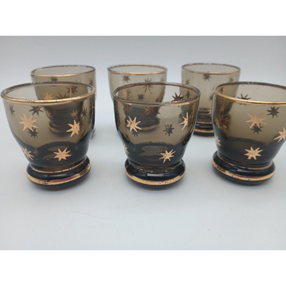 6 Vtg Cordial Glasses Brown With Gold Atomic Stars Smokey - Picture 4 of 7